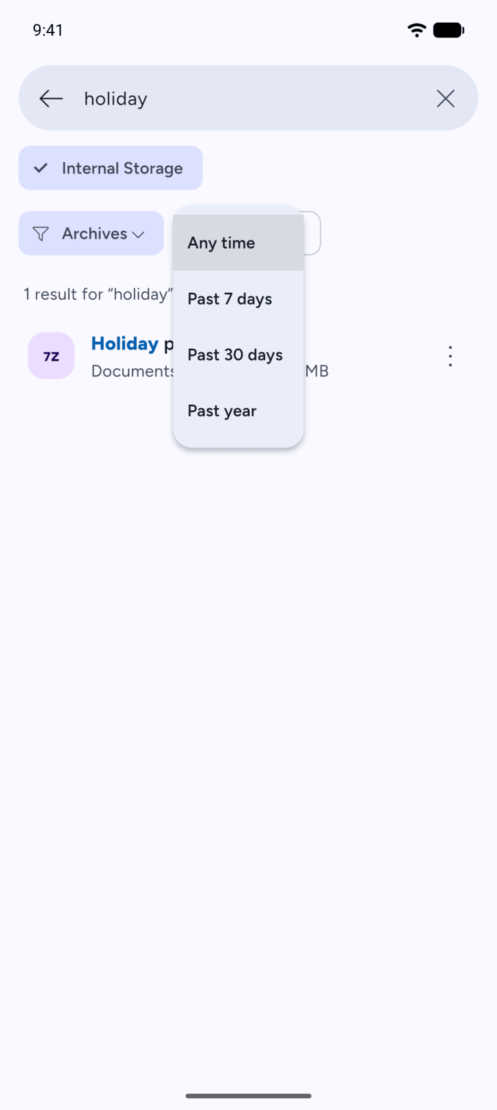 Step 6: To see only newer files, tap Any time and choose Past 7 days, Past 30 days or Past year.