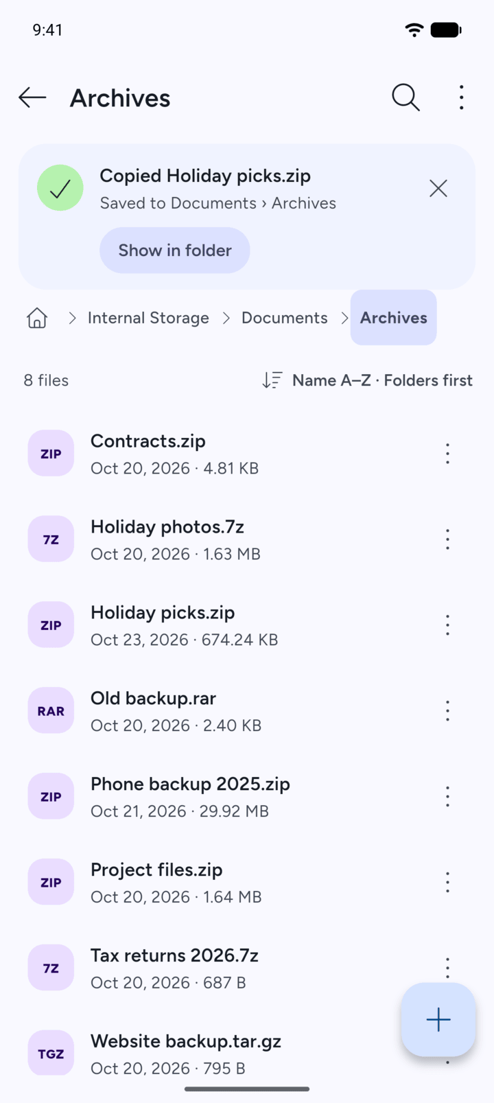 Step 5: 7Z shows Copied, and the copy is in the new folder.