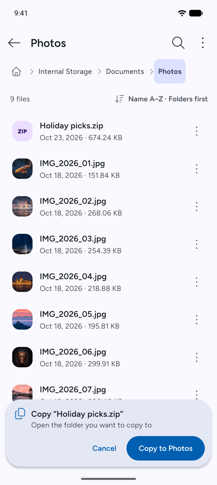 Step 3: A bar shows at the bottom: Open the folder you want to copy to.