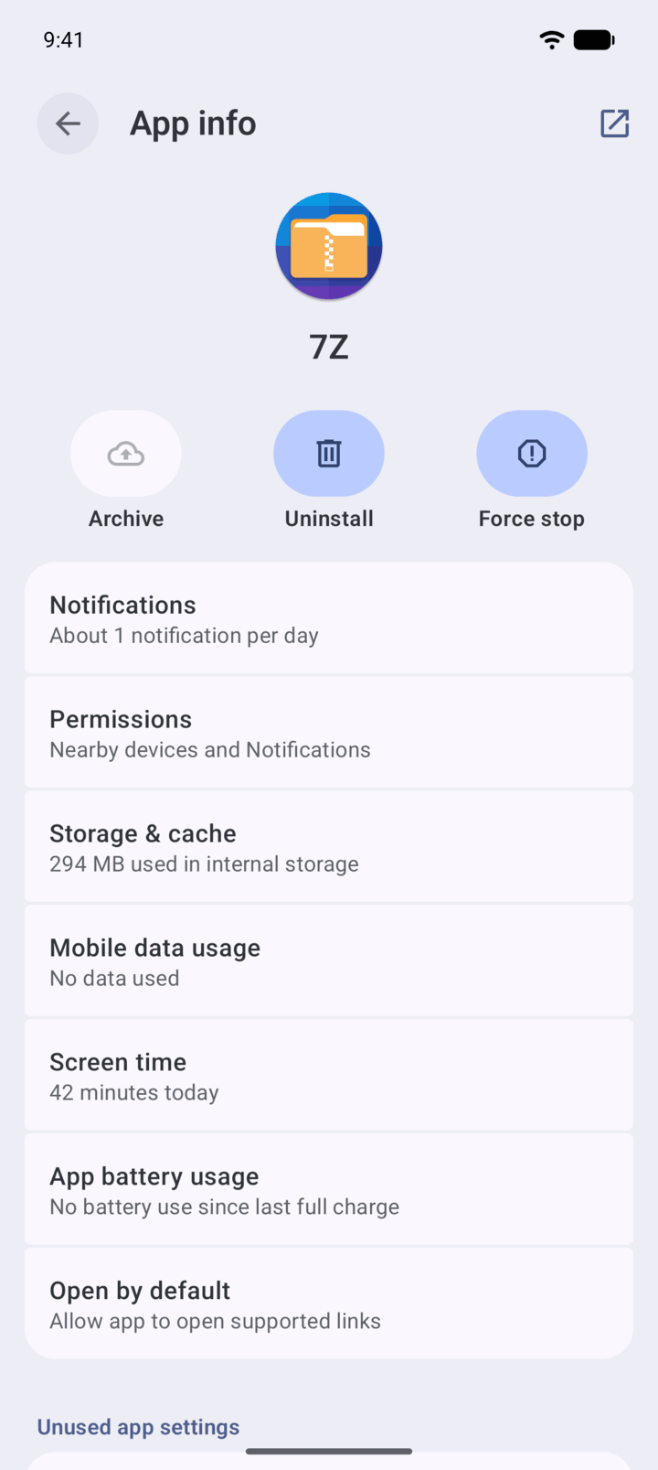 Step 4: The 7Z page in Android Settings.