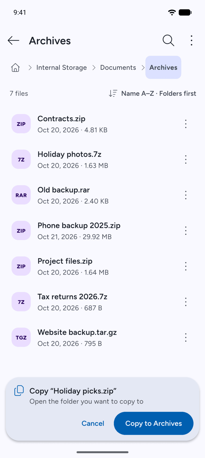 Step 4: Go to the folder you want and tap the button in the bar, for example Copy to Archives.