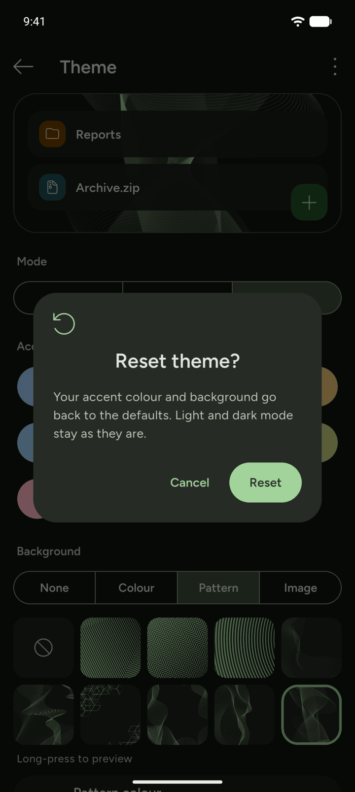 Step 8: To undo your changes, tap the three dots at the top right of the Theme page, tap Reset to default, then Reset.