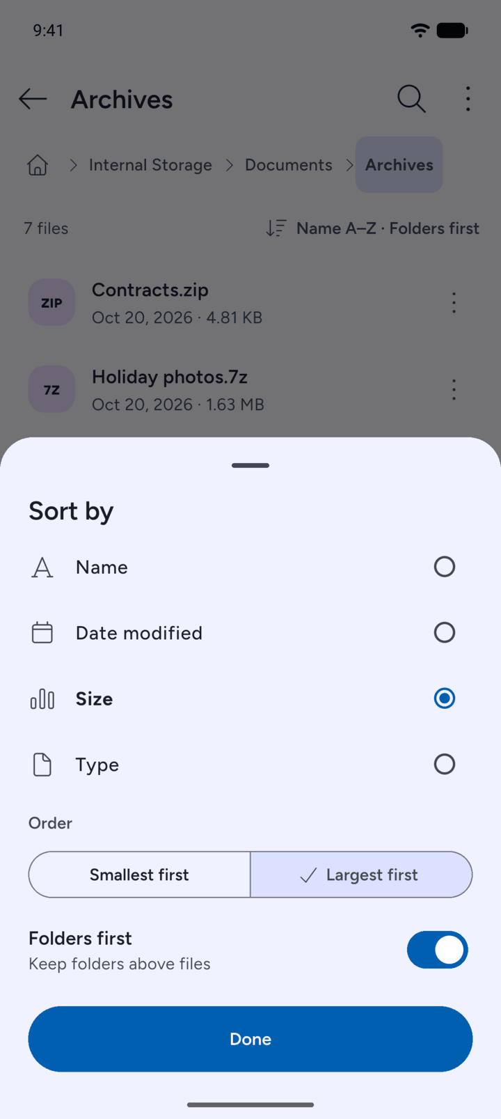 Step 4: To change the order, tap the sort label above the list, for example Name A–Z · Folders first.