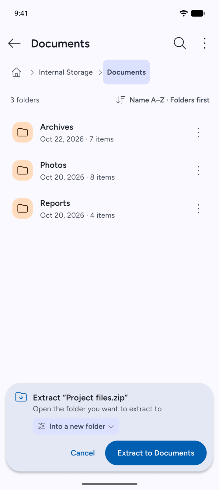 Step 1: Start an extract: tap the archive, then Extract to…