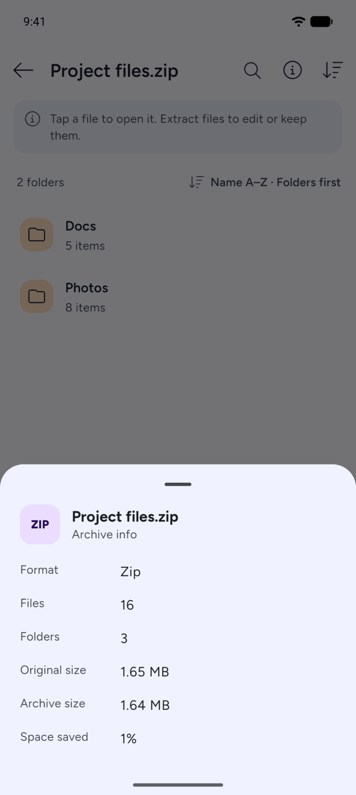 Step 5: To see the format, how many files it holds and how much space it saves, tap the i button at the top.