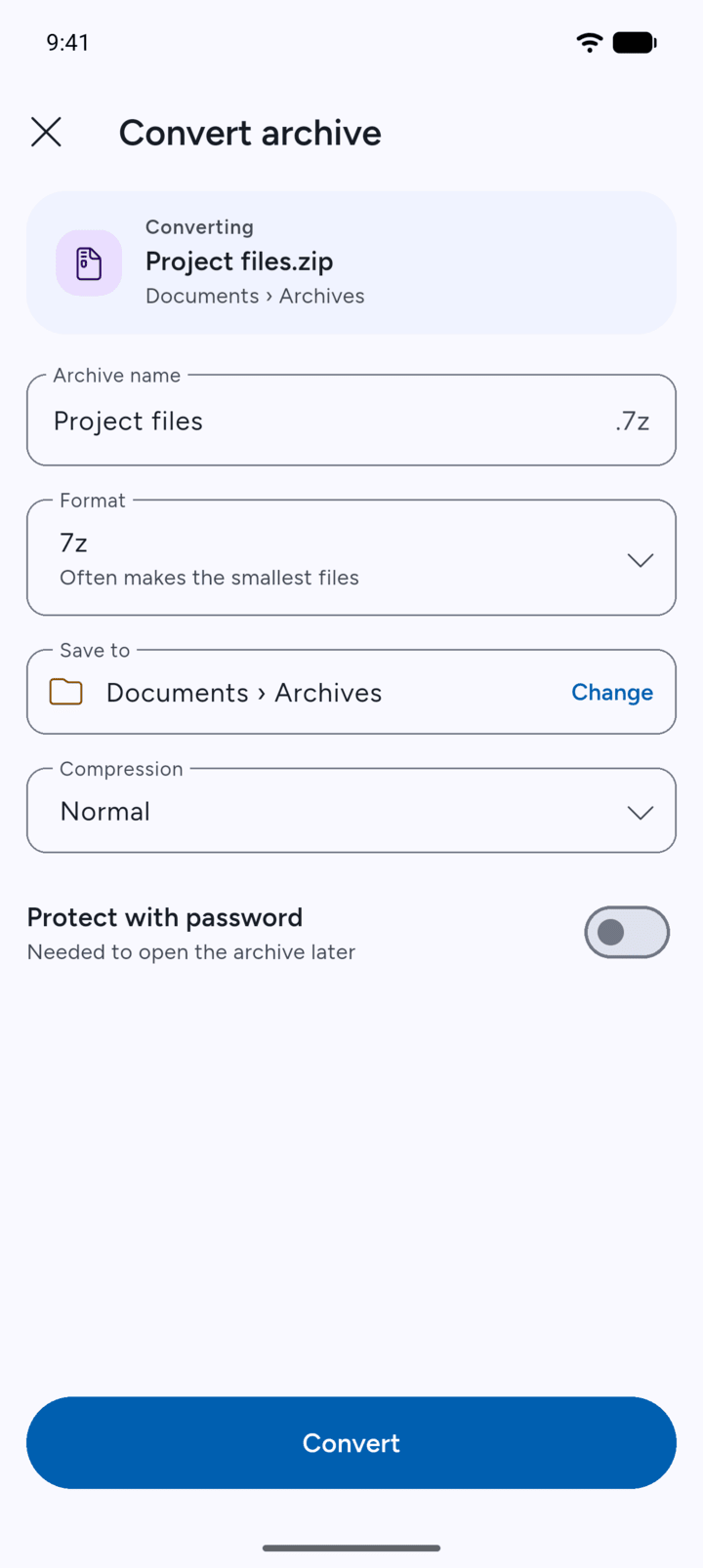 Step 2: The Convert archive page opens.