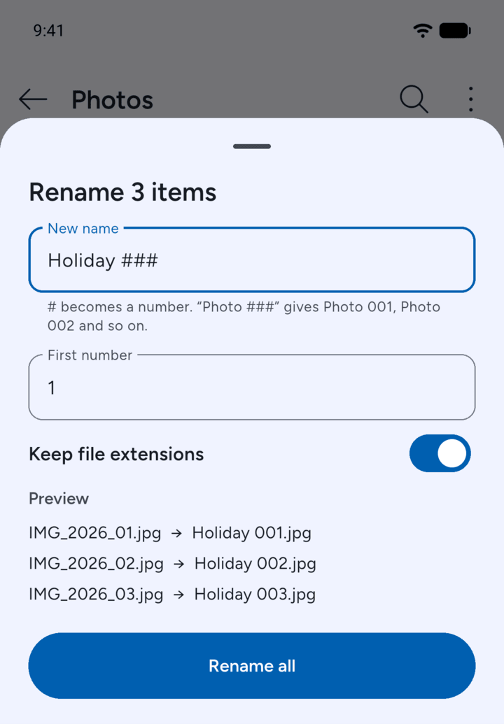 Step 3: Type the new name under New name.