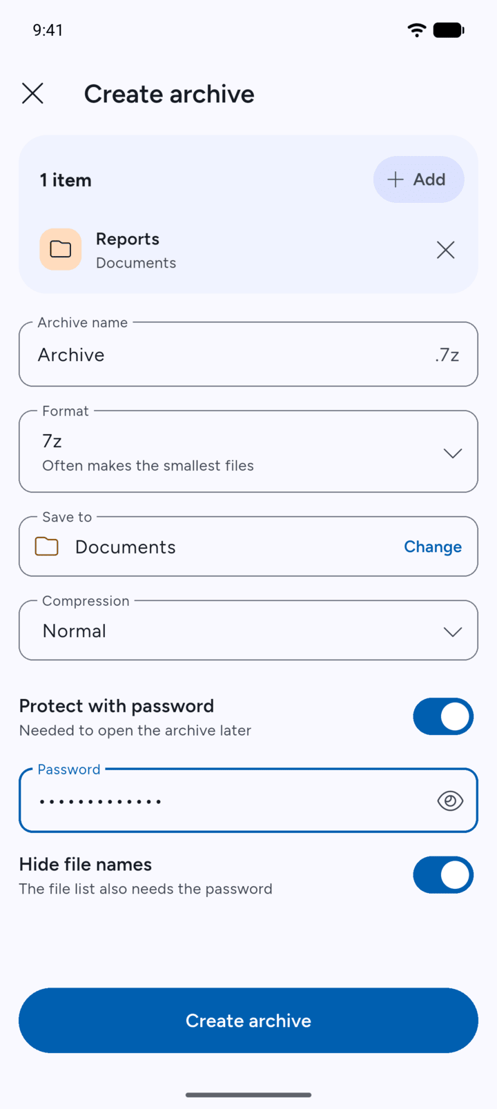 Step 4: For a 7z archive, you can also turn on Hide file names.
