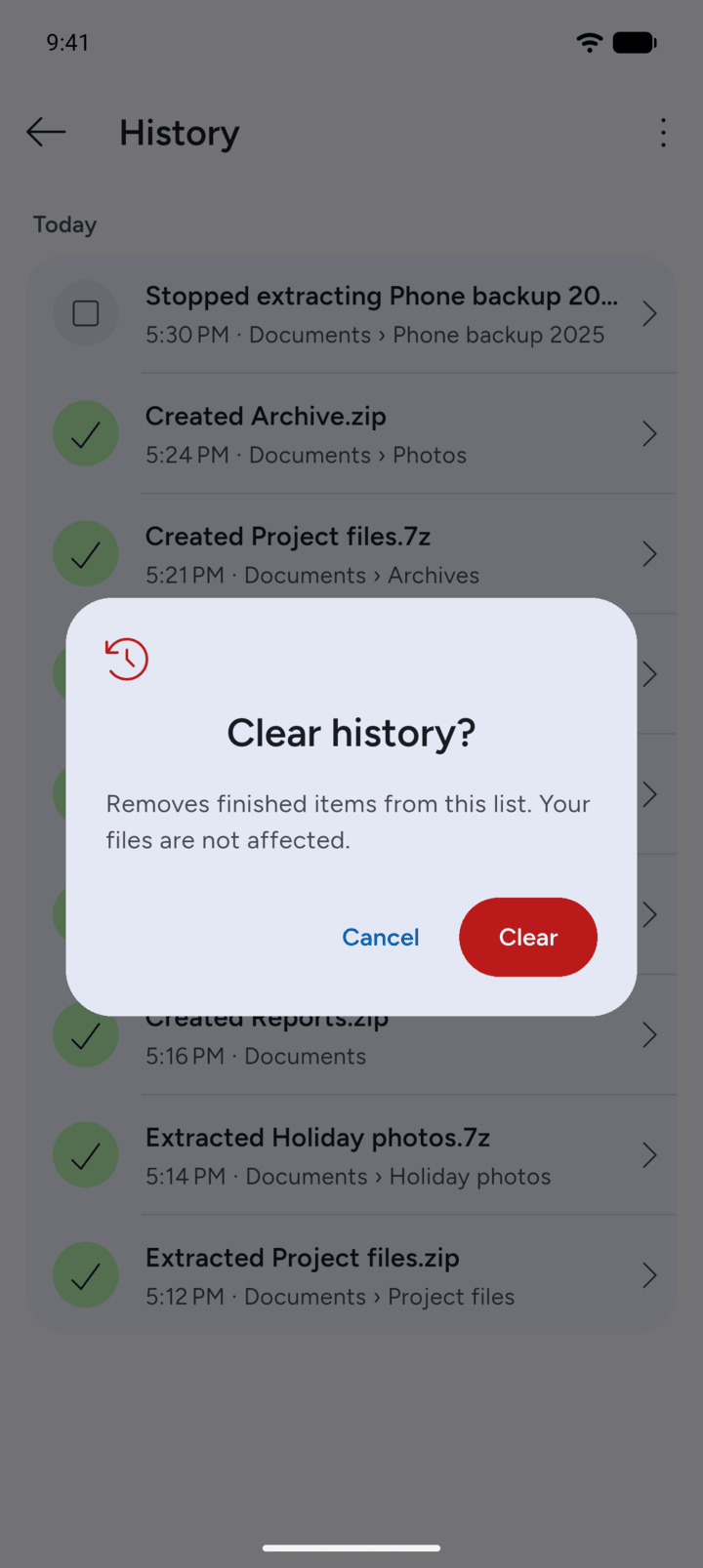 Step 4: To empty the list, tap the three dots at the top right, tap Clear history, then tap Clear.