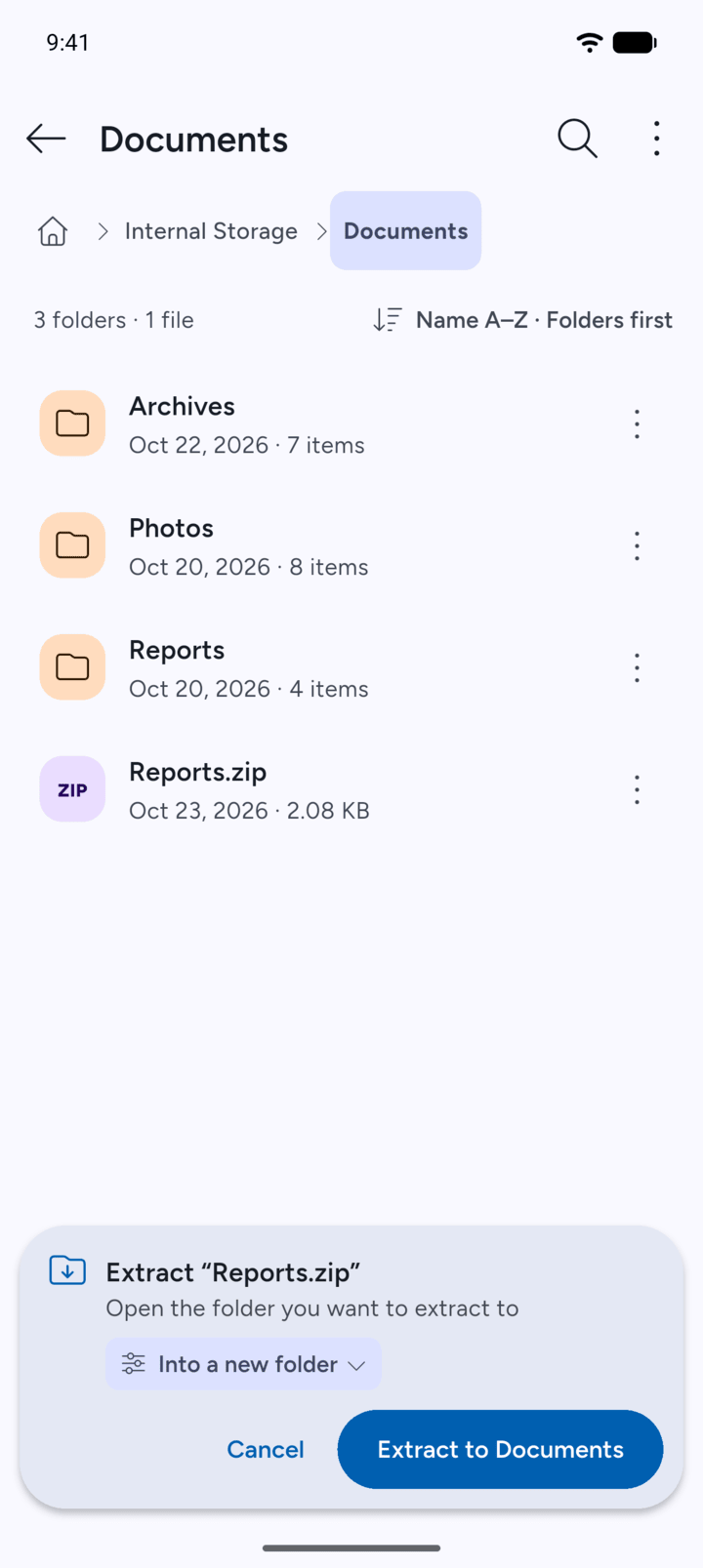 Step 3: Go to the folder you want and tap the button in the bar, for example Extract to Documents.