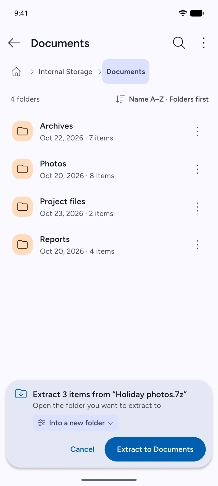 Step 4: Go to the folder you want and tap the button in the bar, for example Extract to Documents.