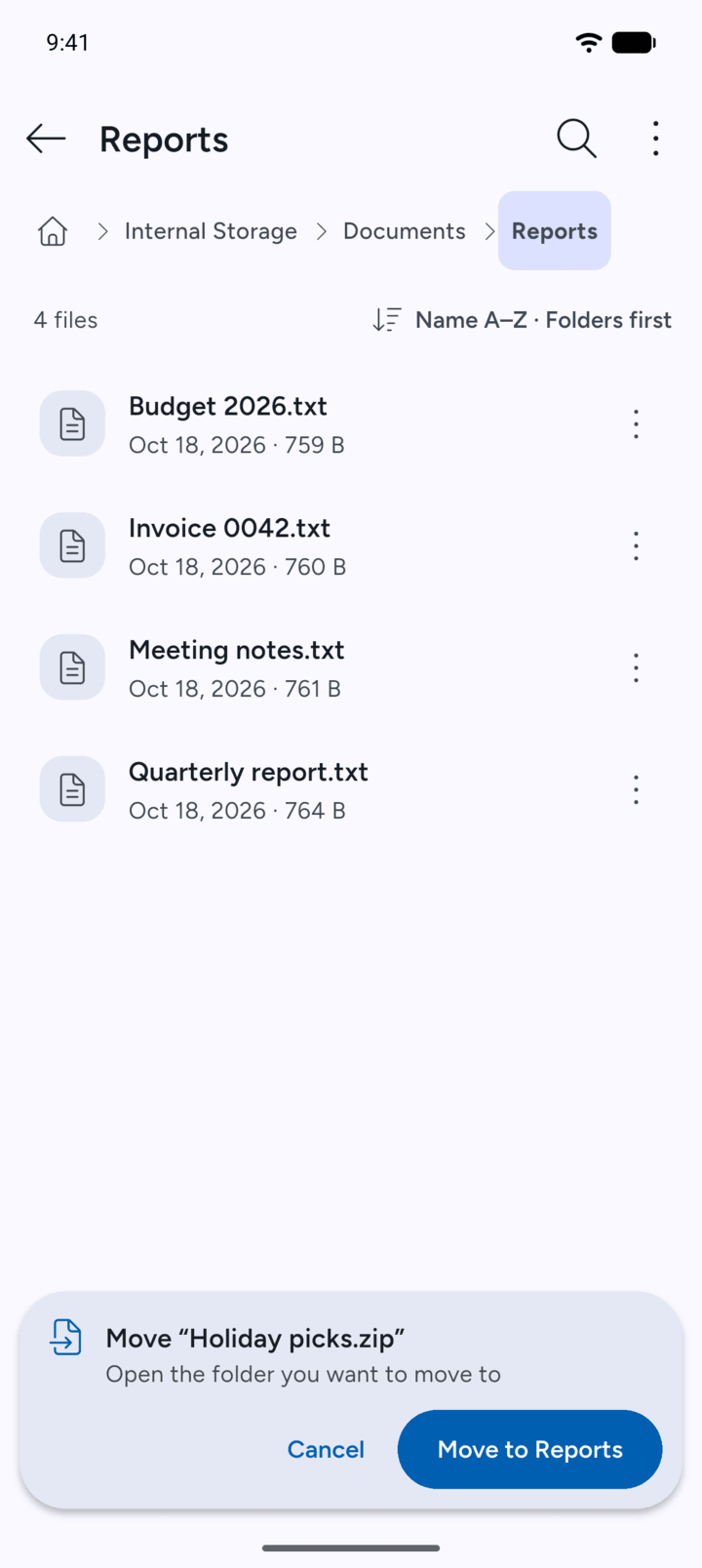 Step 4: Go to the folder you want and tap the button in the bar, for example Move to Reports.