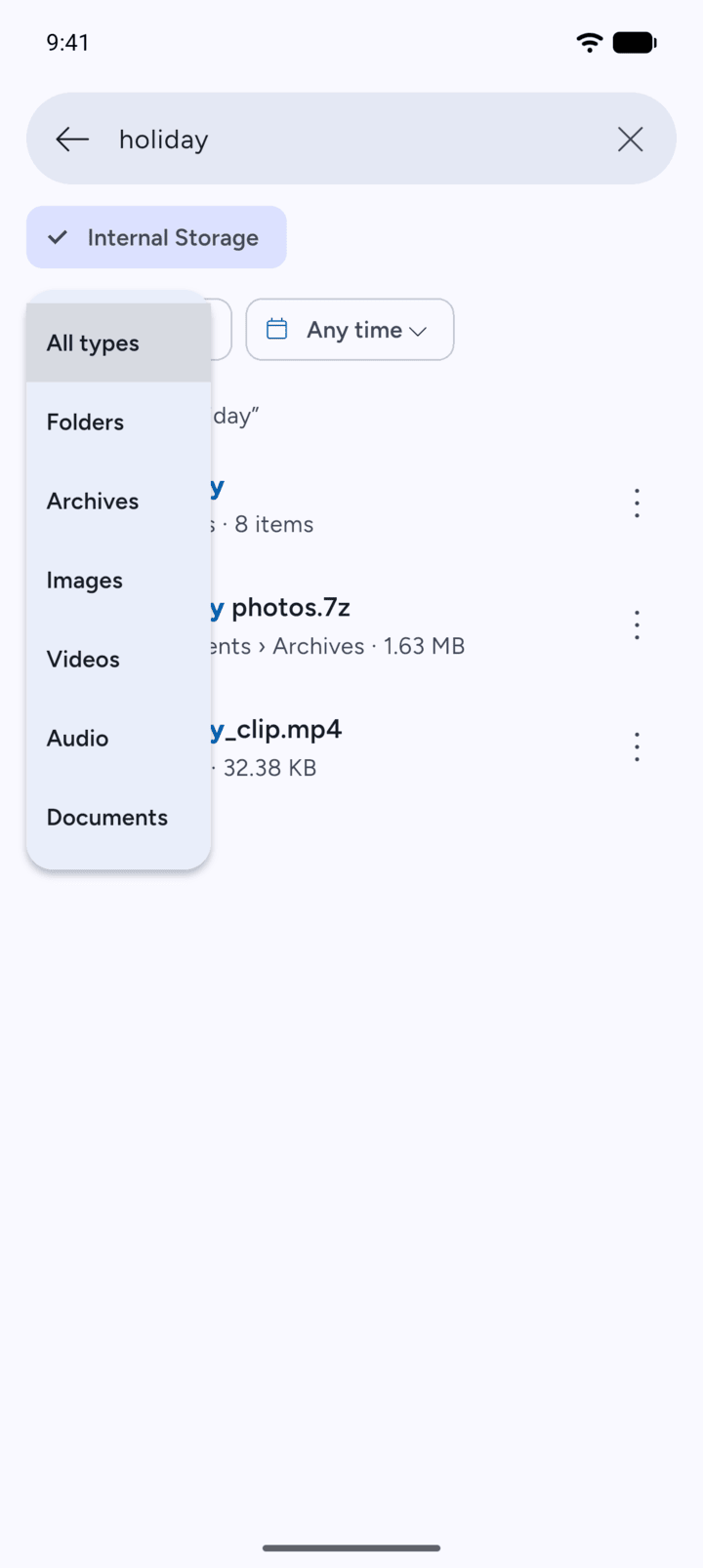 Step 4: To see only one kind of item, tap All types and choose Folders, Archives, Images, Videos, Audio or Documents.