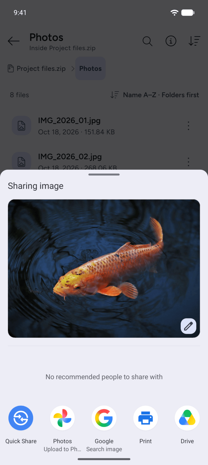 Step 4: Share opens Android's share sheet, so you can send the file to another app.