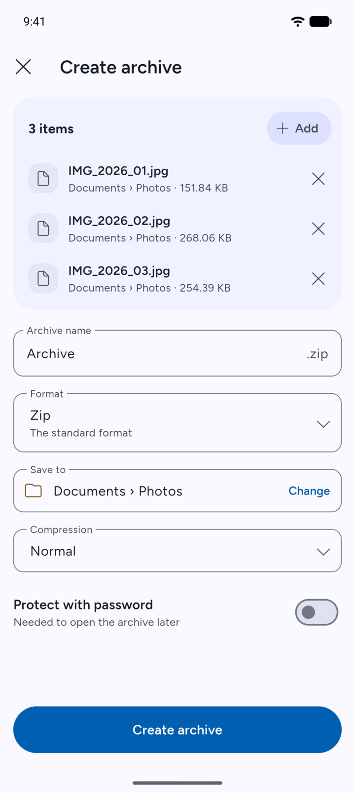 Step 4: The Create archive page lists everything you chose.