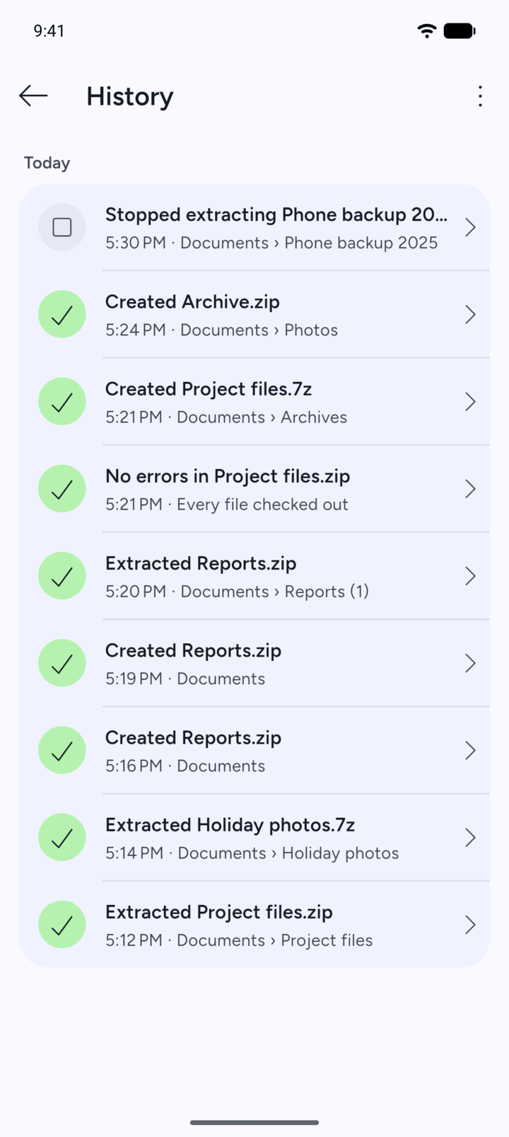 Step 2: History lists your recent tasks with the time and the folder.
