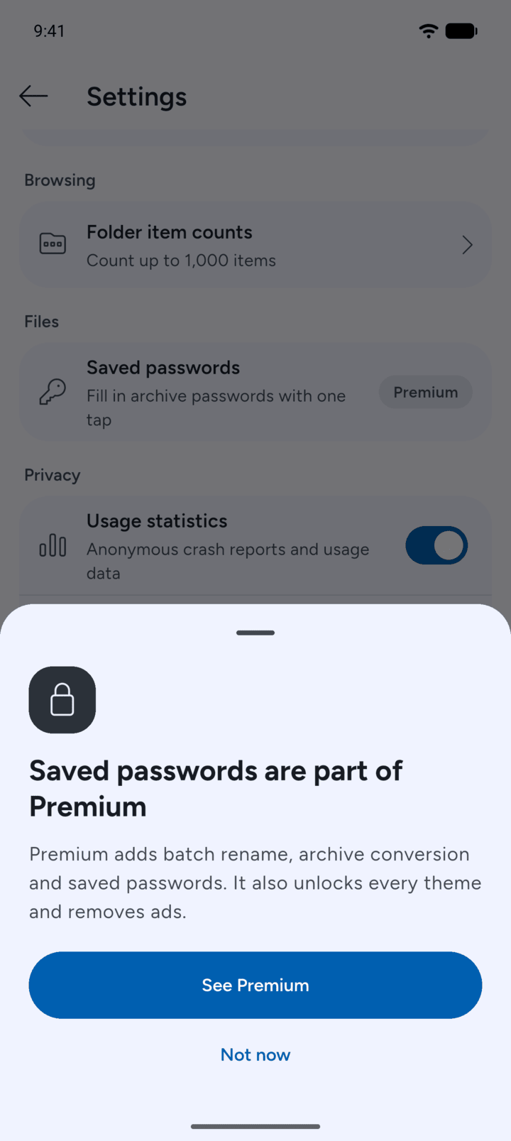 Step 5: Without Premium, features that need it show a Premium label or a lock.