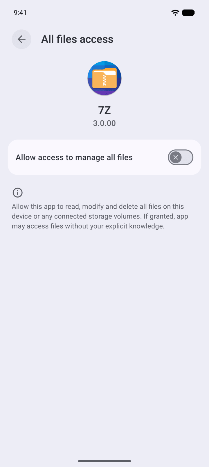 Step 2: Android opens All files access for 7Z. Turn on Allow access to manage all files.