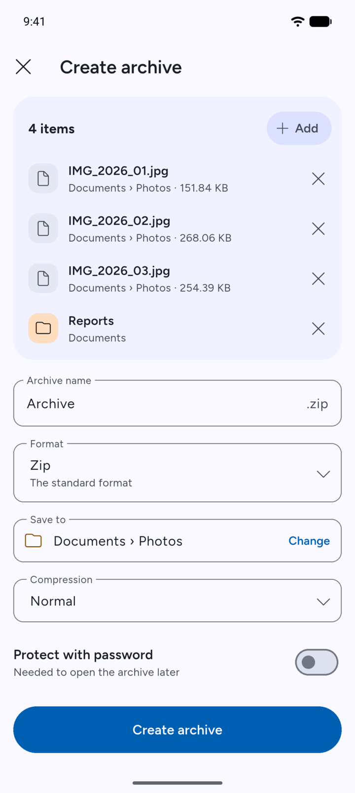 Step 6: Check the name, the format and where it will be saved, then tap Create archive.