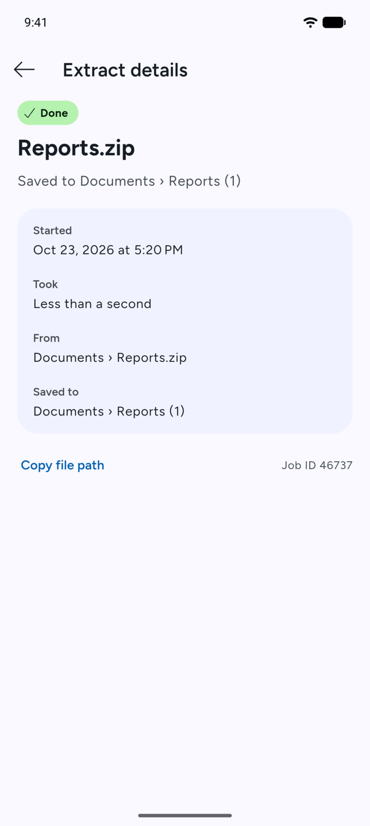 Step 3: The details show when it started, how long it took, where it came from and where it was saved.