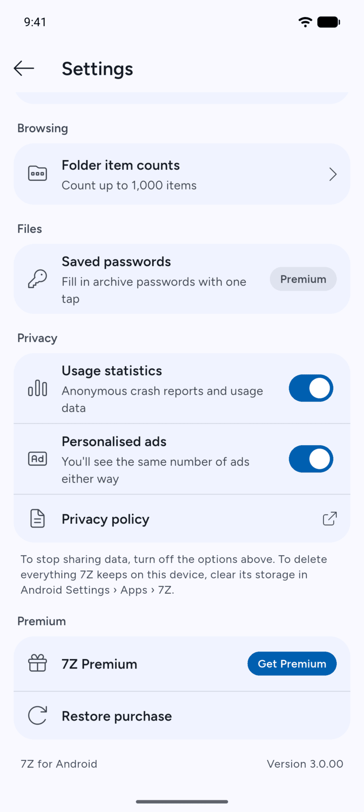 Step 2: Under Privacy, you'll find Usage statistics and, in the free version, Personalised ads.