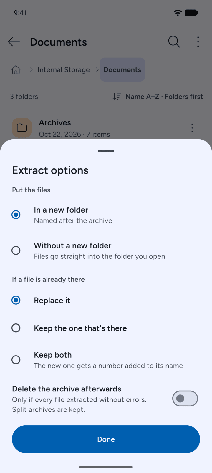 Step 2: Under Put the files, choose In a new folder or Without a new folder.